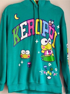 Sanrio Keroppi Teal Graphic Hoodie with Multicolor Print